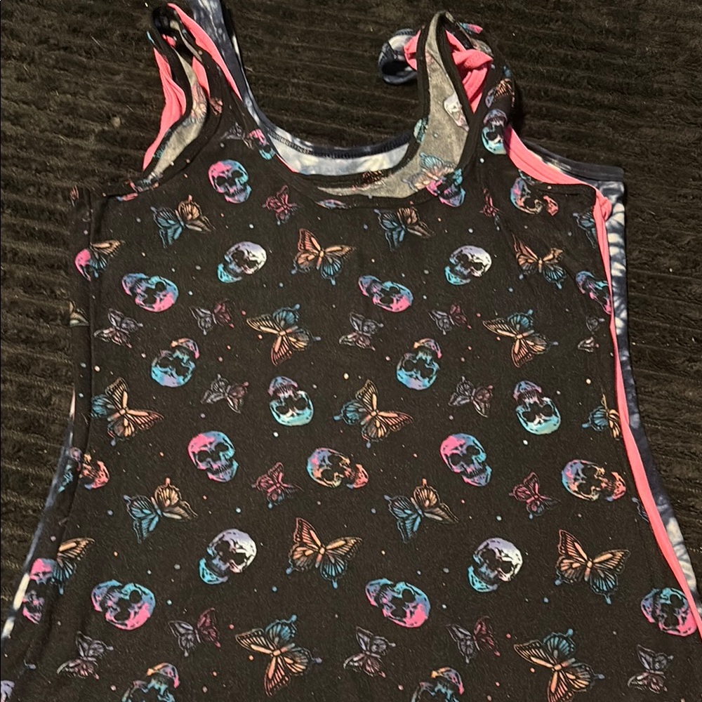 Black Tank Top with Colorful Butterfly and Skull Print